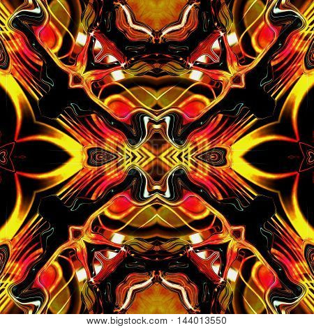 Dynamic seamless infernal pattern with stylized flames and rays. Red and yellow glowing seamless pattern on a black background