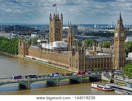 Birdseye view of London skyline with Houses of parliament and Big Ben along the River Thames