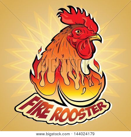 Creative Vector illustration of New Year's symbols: Fire Rooster in the style of comics and cartoons. Image stylized logo a symbol or a sign with an accompanying inscription: Fire Rooster