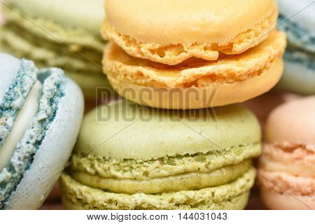 Close up of macarons stacked on top of each other