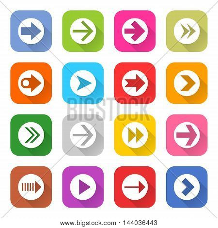 16 arrow icon set 01 white sign on color . Web button on white background. Simple minimalistic mono flat long shadow style. Vector illustration internet design graphic element 10 eps