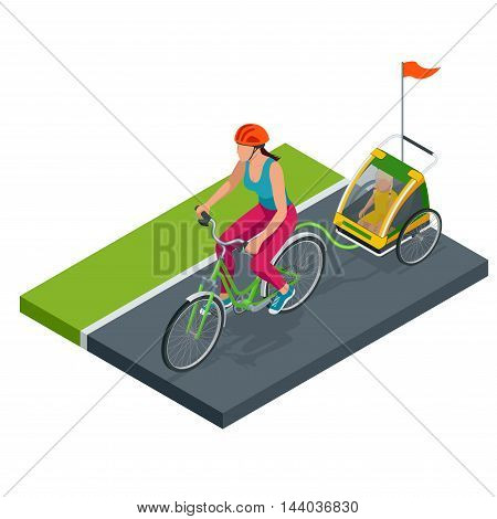 Flat 3d isometric high quality Bicycle with Kids Bike Trailer. Flat 3d illustration