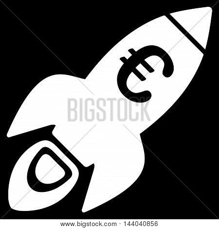 Euro Rocket Startup icon. Glyph style is flat iconic symbol, white color, black background.