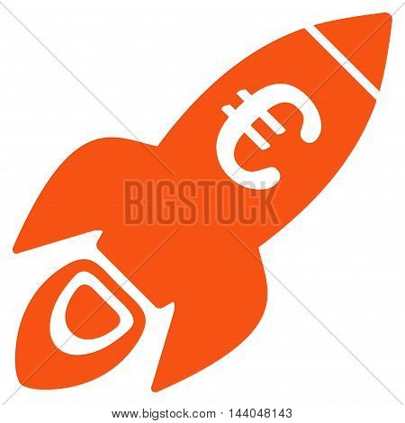 Euro Rocket Startup icon. Glyph style is flat iconic symbol, orange color, white background.