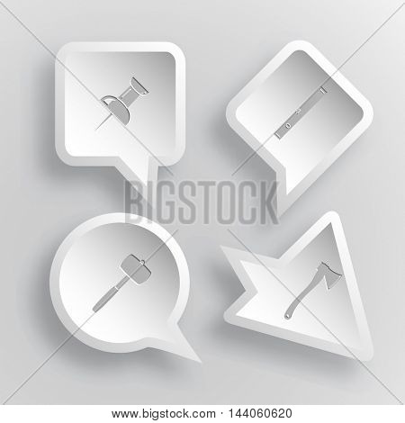 4 images: push pin, spirit level, mallet, axe. Angularly set. Paper stickers. Vector illustration icons.