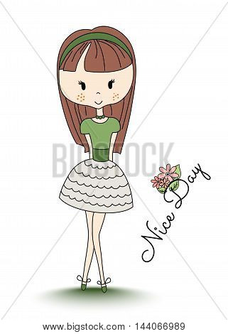 School girl. Little child with long brown hair. Nice day text and flowers