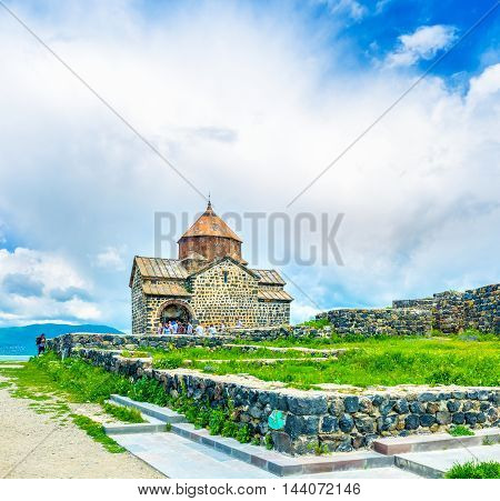 SEVAN ARMENIA - MAY 31 2016: The Sevanavank Monastery is one of the most visitable complex famous among locals and foreign tourists on May 31 in Sevan