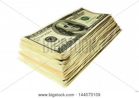 one hundred dollars banknotes are stacked on a white background