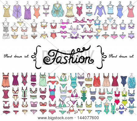 Vector set with hand drawn colored doodles on the theme of fashion. Flat illustrations of lingerie and swimsuits for women. Sketches for use in design