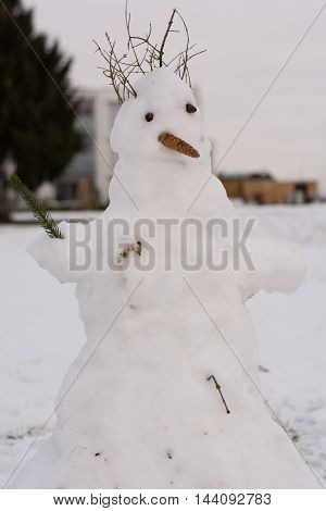decorative, funny snowman, handmade from childs- close-up