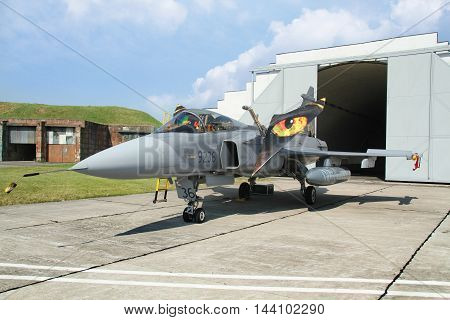 PARDUBICE CZECH REPUBLIC - 29 May 2016: Aircraft JAS 39C Gripen in aviation fair and century air combats Pardubice Czech Republic on 29 May 2016