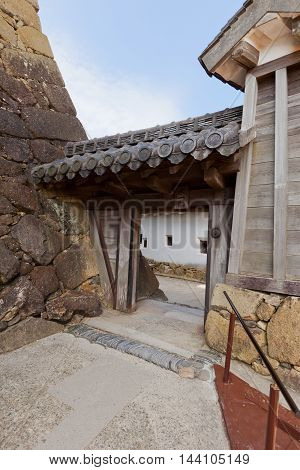 HIMEJI JAPAN - JULY 21 2016: Mizu-no-ichimon (First Water) Gate of Himeji castle (White Egret Castle circa 1609). Himeji-jo is National Treasure of Japan and UNESCO World Heritage Site