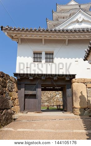 HIMEJI JAPAN - JULY 21 2016: Bizenmon Gate of Himeji castle (White Egret Castle circa 1609). Himeji-jo is National Treasure of Japan and UNESCO World Heritage Site