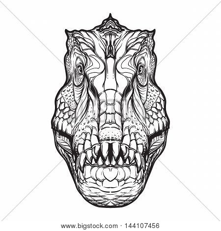 Detailed sketch style drawing of the tirannosaurus rex head isolated on white background. Paleonthology illustration. Tattoo design. Coloring book illustration. EPS10 vector illustration.