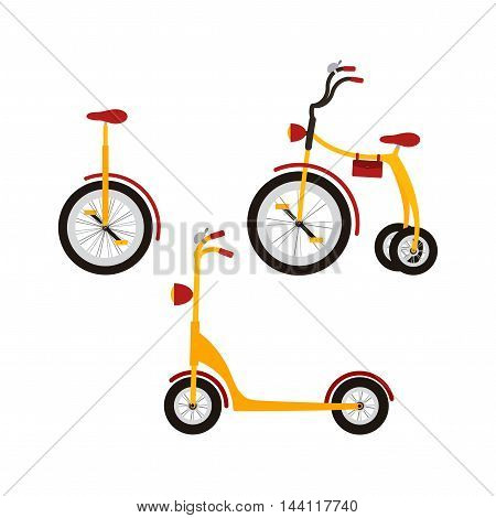 Set of bicycles. Monocycle, scooter and tricycle in flat style.