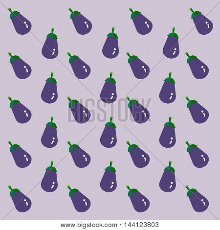 Chubby purple aubergines are set as a pattern on the pale purple background.