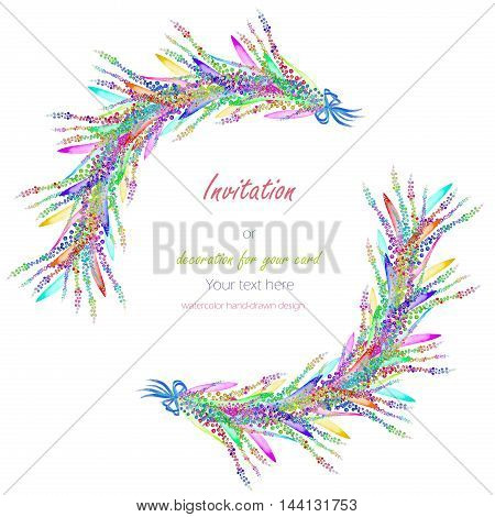 Circle frame, wreath with the floral design; watercolor abstract variegated mimosa flowers and leaves, hand-drawn in a watercolor;  decoration for a wedding, greeting card on a white background