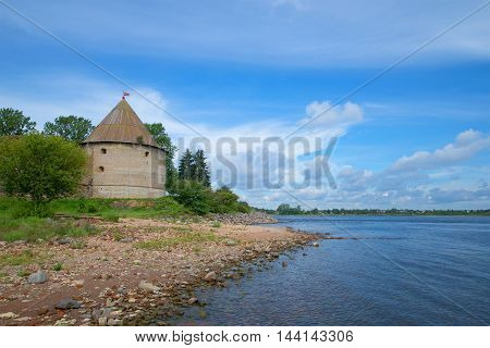 View of the Kingdom tower on the banks of the Neva, Sunny August day. The Oreshek Fortress Russia