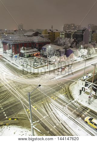 Sofia winter snowy boulevards sityscape.