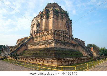 Ancient stupa of Wat Chedi Luang Worawiharn Sunny morning. Chiang Mai Thailand