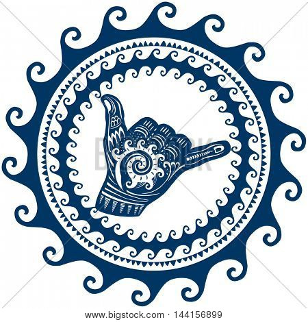 Shaka hand sign in a round ornament of the waves