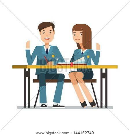 Couple of smiling teenagers young students in school uniform at the desk. Happy schoolboy and schoolgirl sitting and raised his hand in the classroom. Vector illustration of education concept