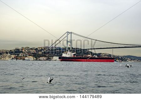 Petrol Tanker ship moving on Istanbul Bosphorus. The Bosphorus Strait is a key point for maritime transit of oil tankers Vessels