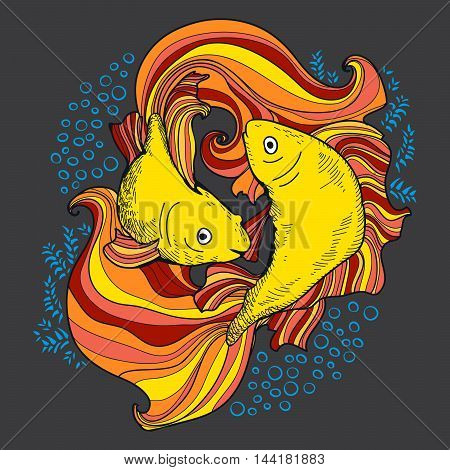 Two gold hand drawn fishes on grey background