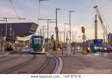 BARCELONA SPAIN - JULY 27 2016: Barcelona tram in motion. The tram is going through the Diagonal avenue