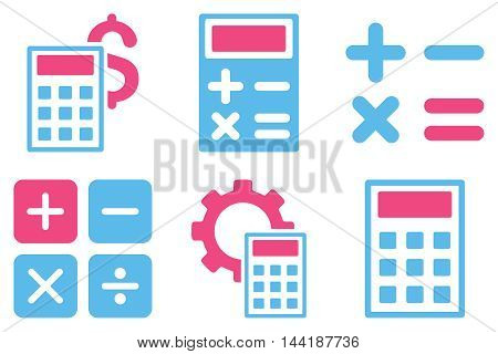 Calculator vector icons. Pictogram style is bicolor pink and blue flat icons with rounded angles on a white background.