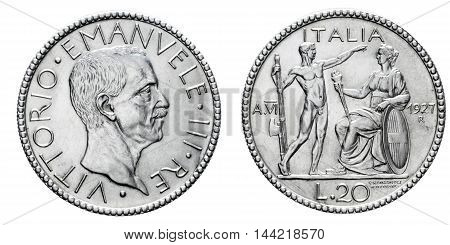 Twenty 20 Lire Silver Coin 1927 Littore fascism age, Vittorio Emanuele III Kingdom of Italy, Mint of rome