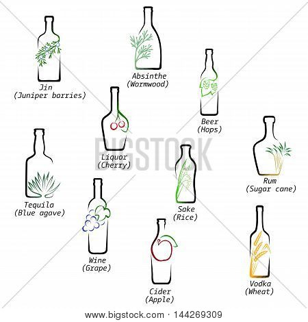 Icons set raw material for the production of alcoholic beverages