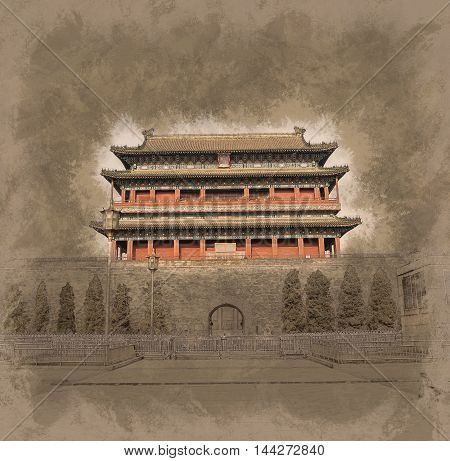 Beijing, China at the Zhengyangmen Gatehouse in Tiananmen Square. Beautiful historical building at sunset. Vintage painting, background illustration, beautiful picture, travel texture