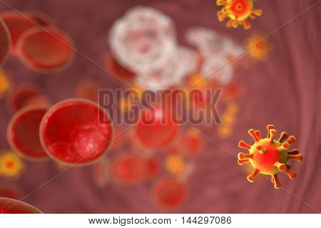 HIV infection, beginning stage or in consumption of antiretroviral agents. 3D illustration showing few viruses and abundant CD4 cells