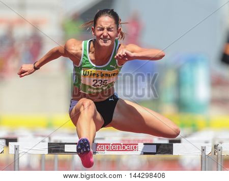 KAPFENBERG, AUSTRIA - AUGUST 9, 2015: Stephanie Bendrat (#235 Austria) participates in the national track and field championship.
