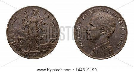 Two 2 cents Lire Copper Coin 1916 Prora Vittorio Emanuele III Kingdom of Italy, Mint of rome, Italy on boat on front and Vittorio Emanuele III head on back