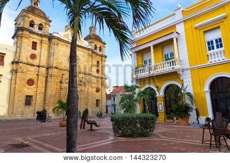 Historic plaza in front of the San Pedro Claver church in Cartagena Colombia