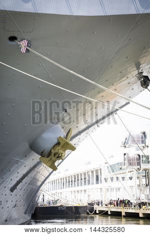 NEW YORK MAY 26 2016: Ground level view of details on the USS Bataan (LDH 5) an amphibious assault ship moored at Pier 88 for Fleet Week NY 2016.