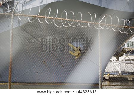 NEW YORK MAY 26 2016: Ground level view of details on the USS Bataan (LDH 5) an amphibious assault ship moored at Pier 88 for Fleet Week NY 2016.