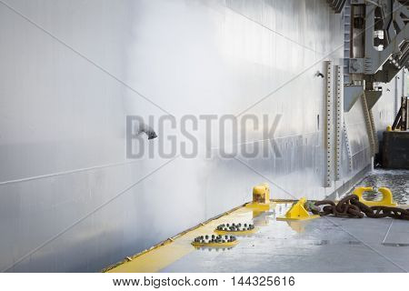 NEW YORK MAY 26 2016: Ground level view of details on the USS Bataan (LDH 5) an amphibious assault ship moored at Pier 88 for Fleet Week NY 2016.