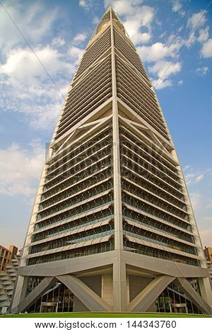 RIYADH - AUGUST 22: Sunset light at Al Faisaliah tower facade on August 22, 2016 in Riyadh, Saudi Arabia. Al Faisaliah towers is a luxury hotel and the most distinctive skyscraper in Saudi Arabia