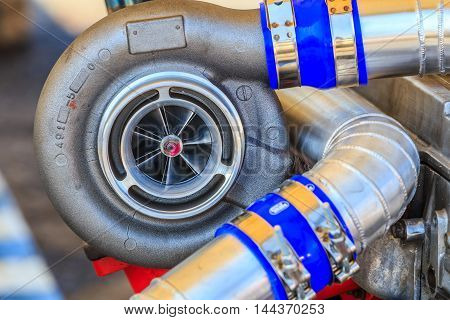 Car Steel Turbo Charger Detail Close Up