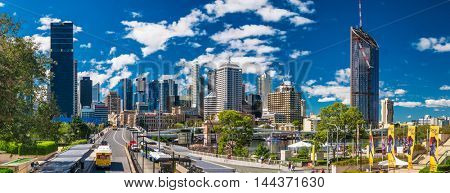 BRISBANE, AUS - AUG 26 2016: Panoramic view of Brisbane Skyline as seen from South Bank.