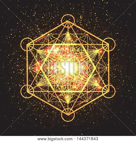 Magic geometry sign. Abstract sacred geometry. Religion spirituality occultism. Alchemy mystical symbol on space background. Vector design illustration.