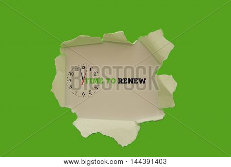 TIME TO RENEW message written under torn paper.