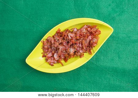 fried bacon on Plate / cooking Beaked spinach concept