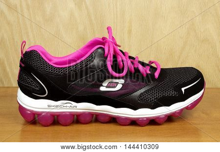 RIVER FALLS,WISCONSIN-AUGUST 25,2016: A closeup view of a Skechers brand athletic shoe. Skechers is headquartered in Manhattan Beach,California.