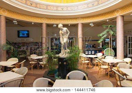 MISKOLC, HUNGARY - AUG 29, 2014: Entrance of the Barlangfurdo, a thermal bath complex in a natural cave in Miskolctapolca, which is part of the city of Miskolc, Hungary