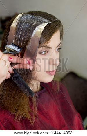 Girl In Hair Dressing Saloon. Process Of Dyeing Hair