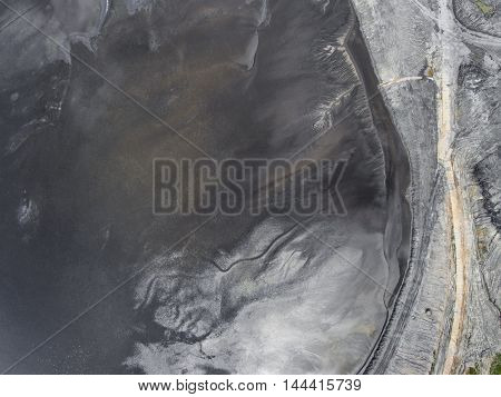 Degraded Landscape In South Of Poland. Destroyed Land. View From Above. Black Lake.